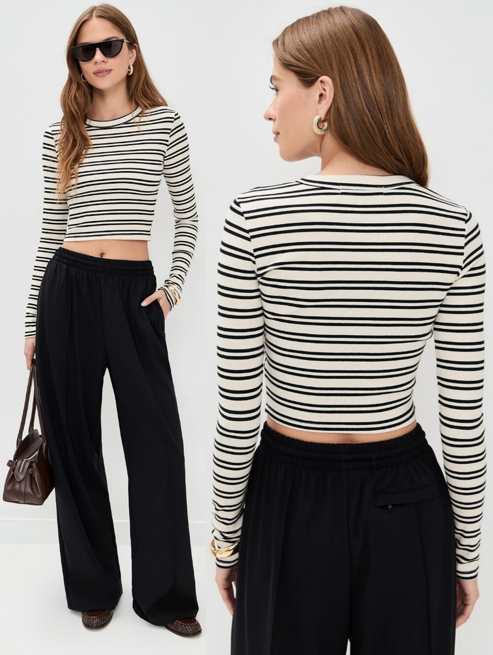 LE BOP Hadley Long Sleeve Shirt Crop Crewneck Stripes XS Black&White Cotton Tee